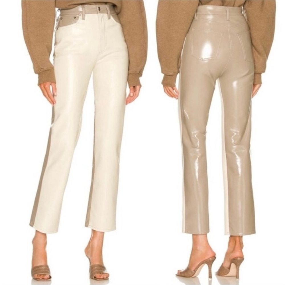Agolde Paneled Pinch Waist Trousers Pants Beige and Cream Size 26 Vegan Leather